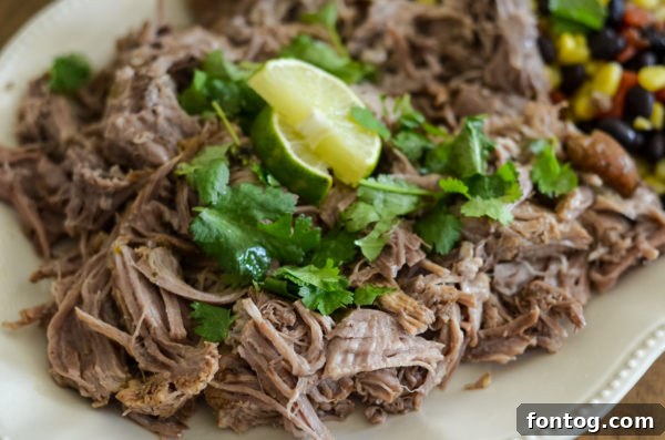 Close-up of shredded Ninja Foodi Pork Carnitas