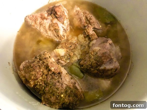 Pork and ingredients in Ninja Foodi before pressure cooking