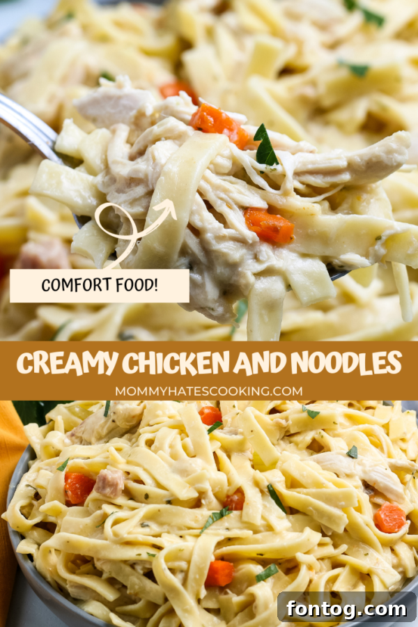 Large bowl of Homemade Creamy Chicken and Noodles ready to be served.