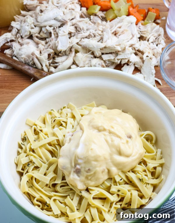 Homemade Gluten-Free Creamy Chicken and Noodles with gluten-free noodles.