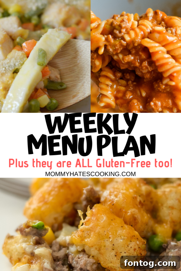 A vibrant weekly menu plan graphic, indicating organized family meals