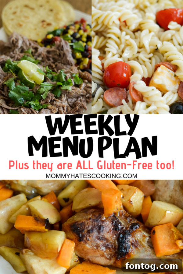 A beautifully organized weekly menu plan template, ready for detailed meal entries and grocery lists, simplifying the meal prep process.