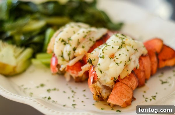 Ninja Foodi Grilled Lobster Tail on a plate, garnished and ready to eat.
