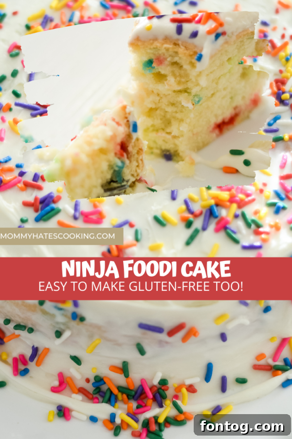 Ninja Foodi Cake Mix box and baked cake in the background.