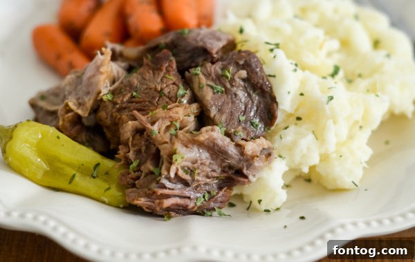 A beautifully plated Mississippi Pot Roast, ready to be served