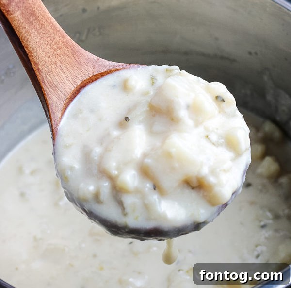 Close-up of creamy Ninja Foodi Potato Soup in a bowl, garnished with fresh chives.