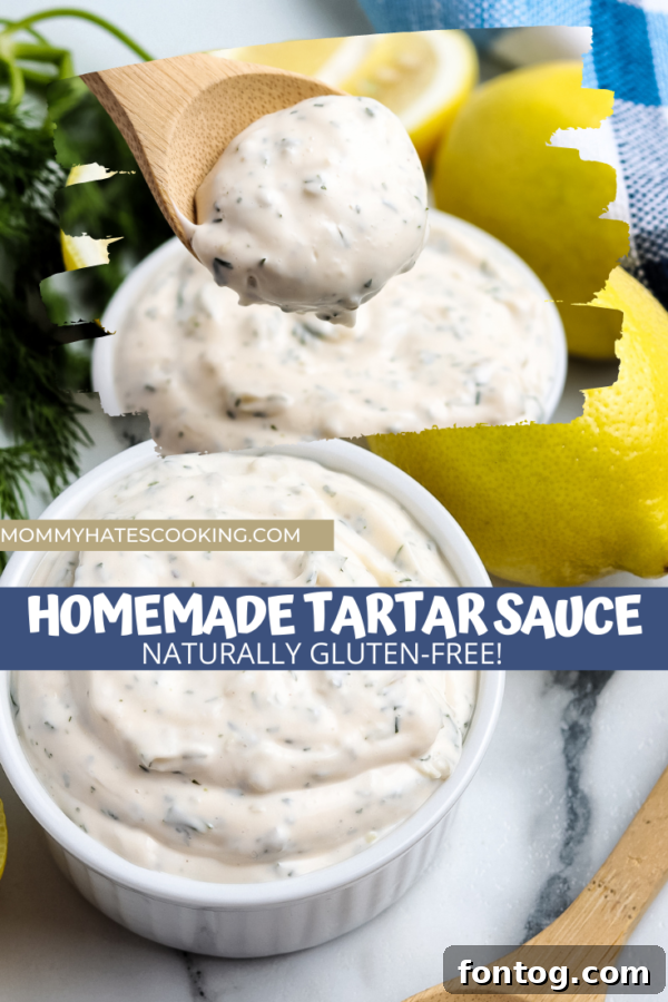 Homemade tartar sauce in a small dish with fish in the background