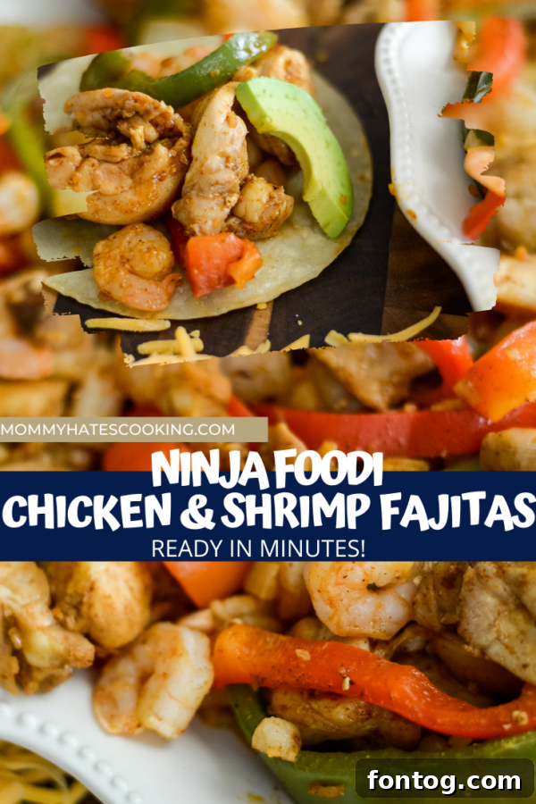 Ninja Foodi Chicken and Shrimp Fajitas served with warm tortillas and fresh toppings.