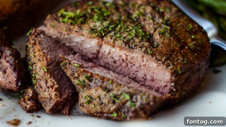 Perfectly cooked Ninja Foodi Grilled Filet Mignon, seared to perfection.