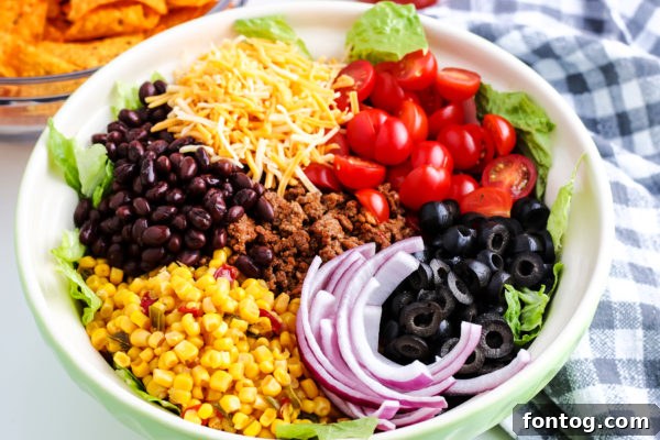 Crunchy Dorito Taco Fiesta 3 Close-up of Dorito Taco Salad showing fresh ingredients and crunchy chips