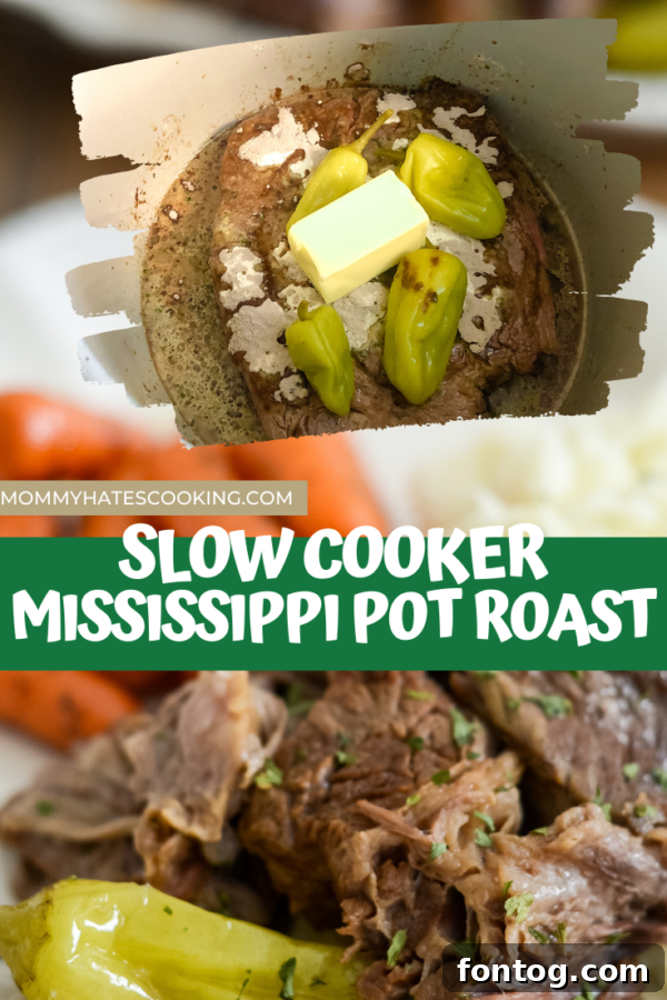 A serving of Slow Cooker Mississippi Pot Roast with mashed potatoes