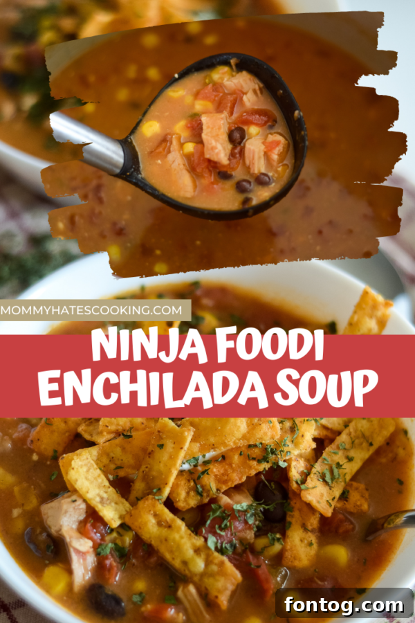 Ninja Foodi Chicken Enchilada Soup with fresh cilantro and a dollop of sour cream on top, ready to serve.
