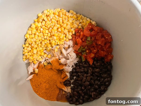 Ingredients being combined in a Ninja Foodi pot for Chicken Enchilada Soup.