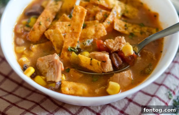 Close-up of Ninja Foodi Chicken Enchilada Soup in a bowl with tortilla strips and sour cream.