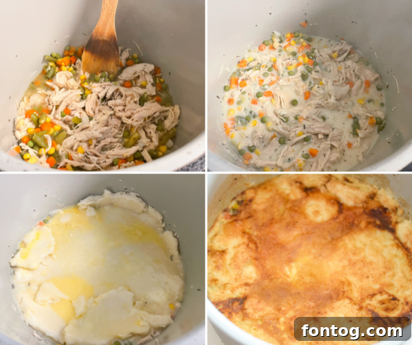 Process shot: assembling gluten-free chicken pot pie ingredients in the Ninja Foodi pot