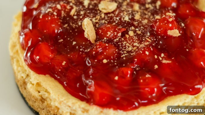 A rich and creamy Ninja Foodi Cheesecake, topped with fresh cherries.