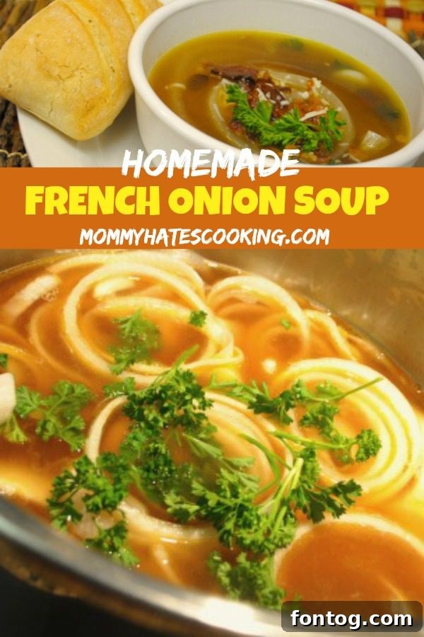 Hearty bowl of Homemade French Onion Soup garnished with fresh parsley and served with crusty bread