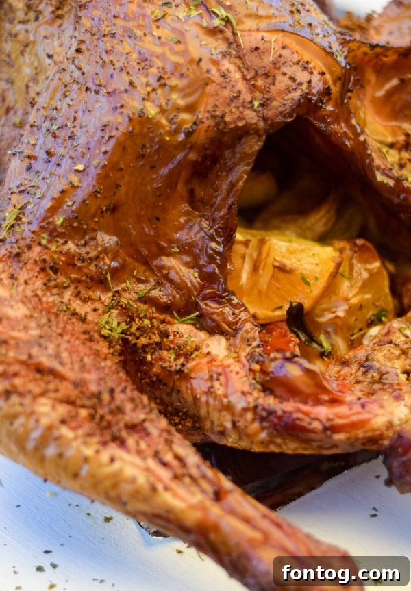 Smoked turkey being prepared with seasoning and cavity stuffing.