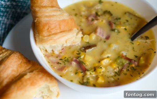 Overhead view of Ninja Foodi Corn Chowder, ready to be served.