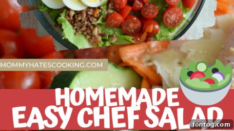 Large Chef Salad on a wooden table, ready to be served.