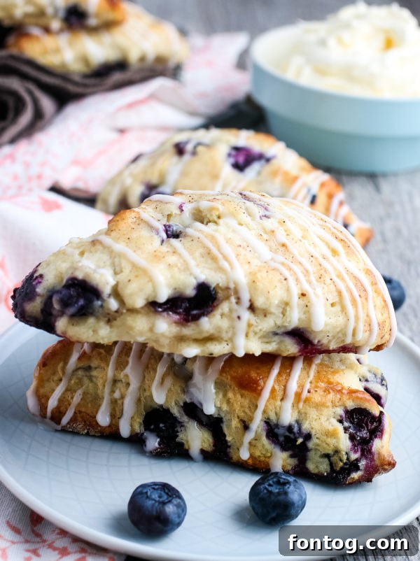 Freshly baked blueberry scones, perfect for breakfast or a treat.