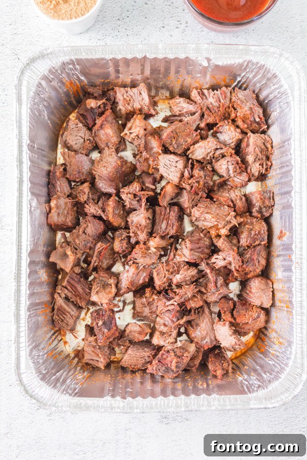 close-up of finished pellet grill bbq burnt ends