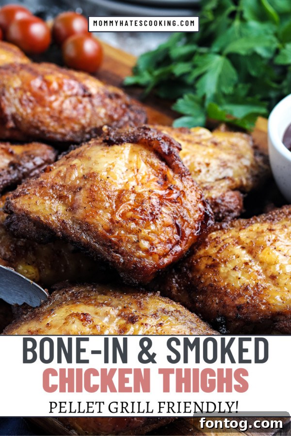 Final presentation of bone-in smoked chicken thighs on a pellet grill, ready to eat.