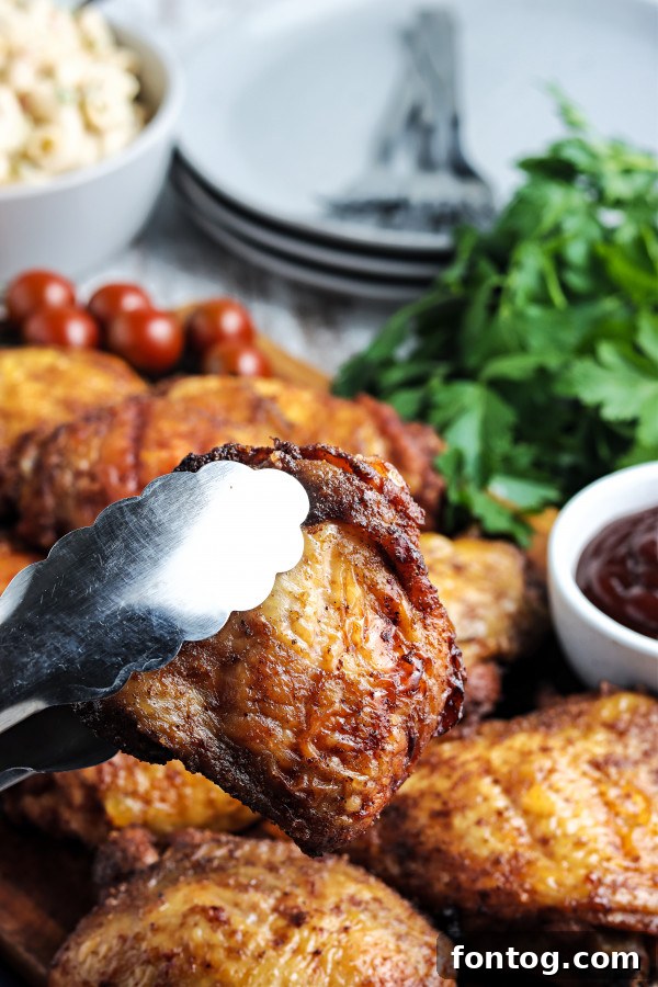 A meat thermometer inserted into a smoked chicken thigh to check internal temperature.