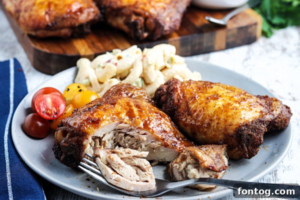 Freshly smoked chicken thighs garnished with herbs on a cutting board.