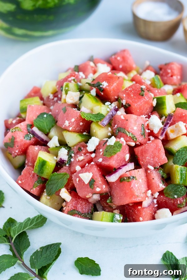 Watermelon Feta Salad with Mint & Cucumbers