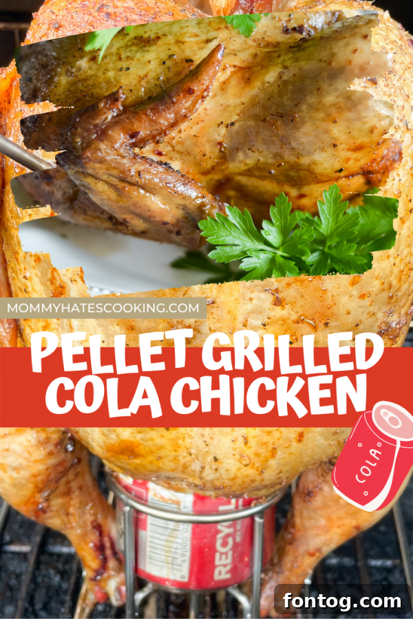 Pin-friendly image of a whole roasted Coca-Cola chicken, highlighting its golden skin.