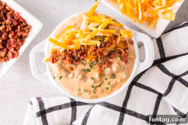 Creamy Ninja Foodi Cheese Dip 5 Ninja Foodi Cheeseburger Dip in a serving bowl, garnished with bacon and green onions.