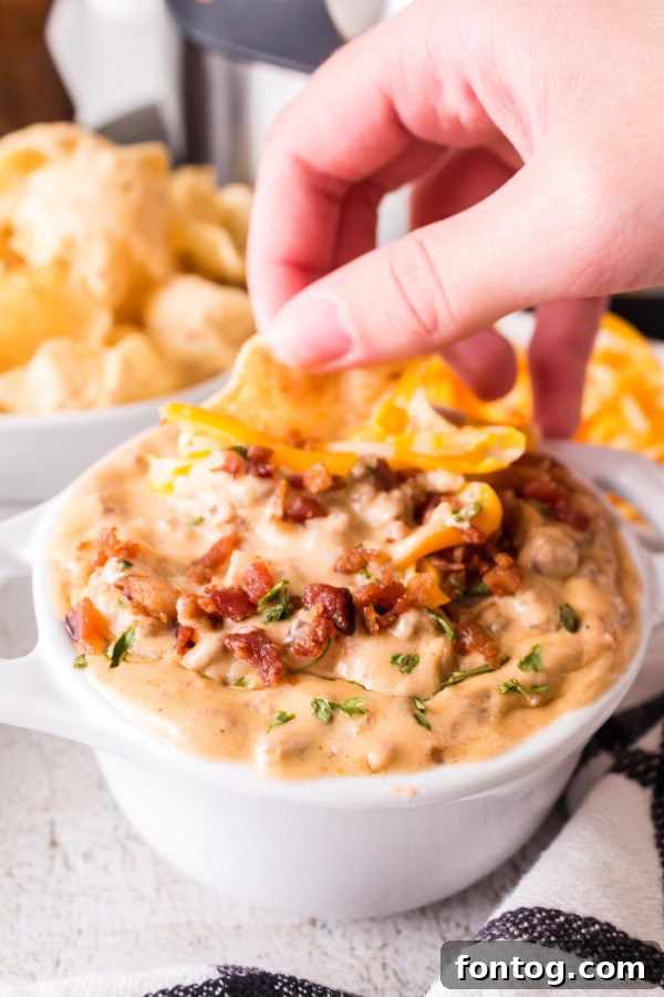 Creamy Ninja Foodi Cheese Dip 7 Overhead shot of the Ninja Foodi Cheeseburger Dip, with dippers around it.