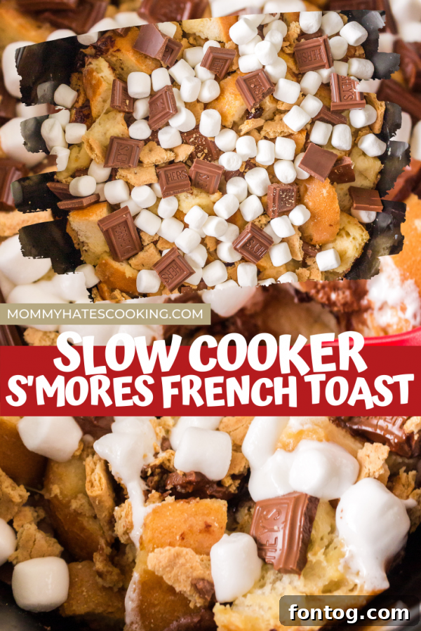 Slow Cooker S'mores French Toast Casserole with melted chocolate and marshmallows on top, served for breakfast or brunch.