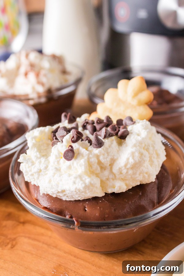 Serving bowl of Ninja Foodi chocolate pudding with a spoon