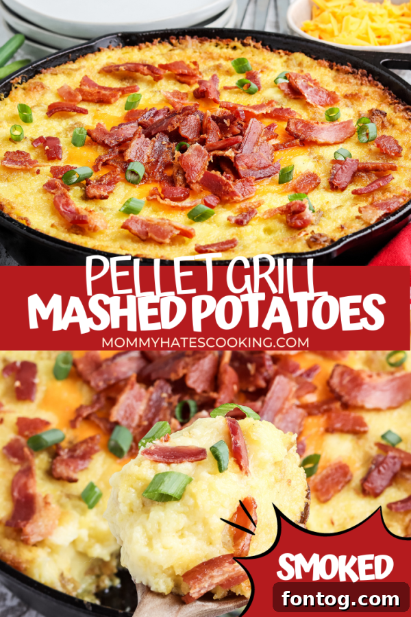 Ember Mashed Potatoes 8 A high-angle shot of smoked mashed potatoes with crispy bacon and green onions, appealing for Pinterest.