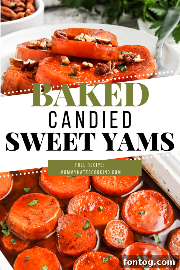 Close-up of baked candied yams with a rich, glossy glaze, invitingly plated