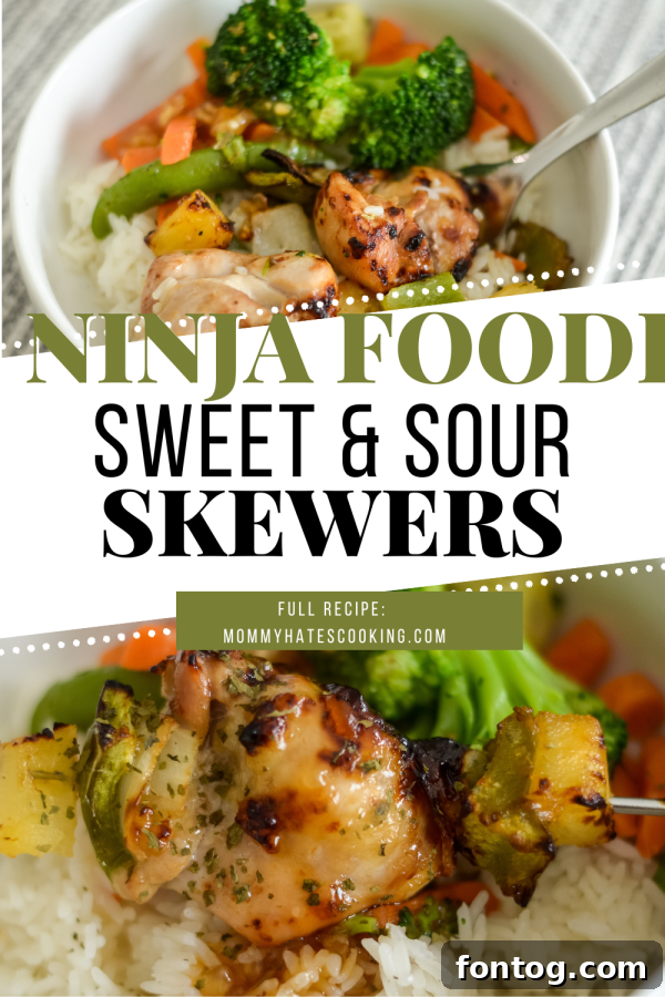 Ninja Foodi Sweet and Sour Chicken Skewers banner: A vibrant promotional image showcasing cooked sweet and sour chicken skewers, ideal for Pinterest sharing.