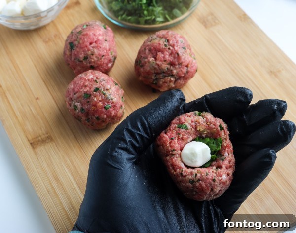 Meatball with cheese filling before sealing