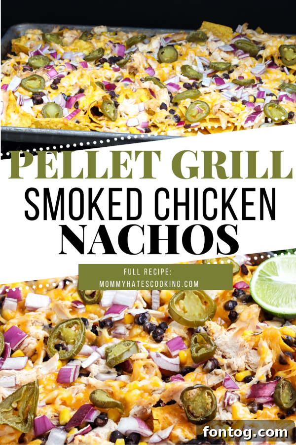 A promotional image for smoked nachos, encouraging users to save the recipe on Pinterest.