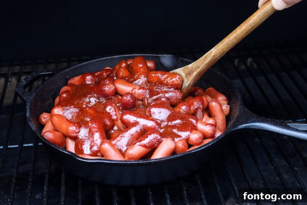 Close-up of Smoked Little Smokies in a pan, still on the pellet grill.
