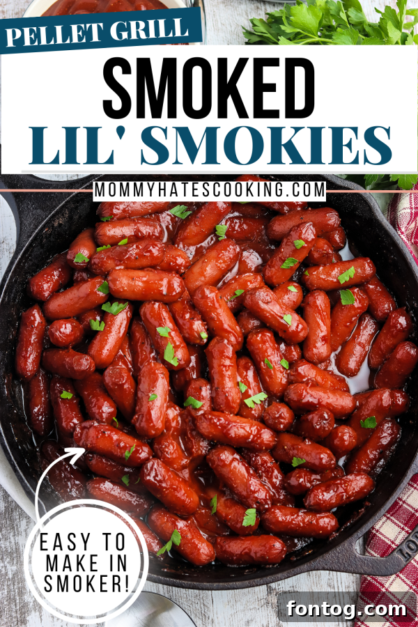 Smoked Little Smokies recipe pin graphic for social media.