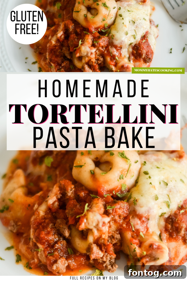 A large serving of Easy Tortellini Bake with a side of garlic bread