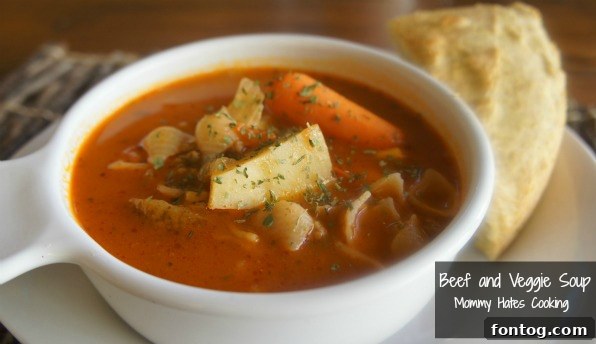 A close-up of a bowl of Beef and Veggie Soup, ready to be served