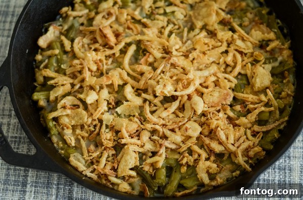 green bean casserole in cast iron skillet
