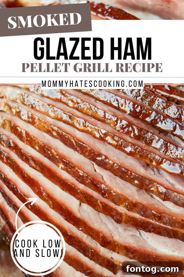 Promotional image for Pellet Grill Ham recipe, showing a beautifully smoked ham.