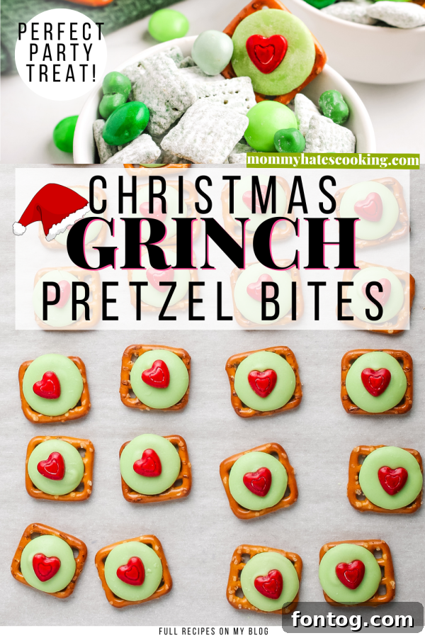A Pinterest-optimized image for Grinch Pretzel Bites, featuring the treats and recipe title for easy sharing on social media.