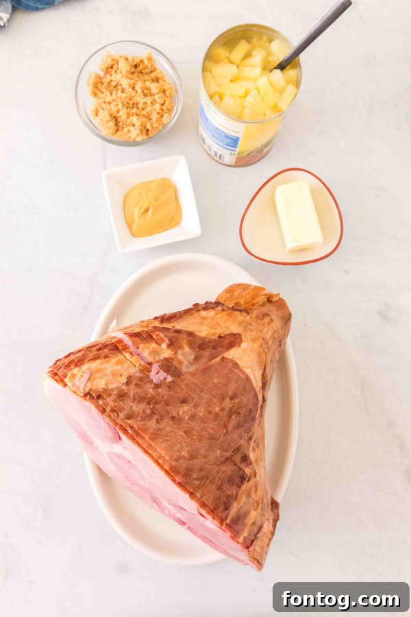 Ingredients laid out for brown sugar slow cooker ham