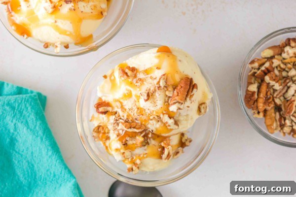 Ninja Creami Butter Pecan Bliss 9 Ninja Creami Butter Pecan Ice Cream served with extra pecans and caramel sauce