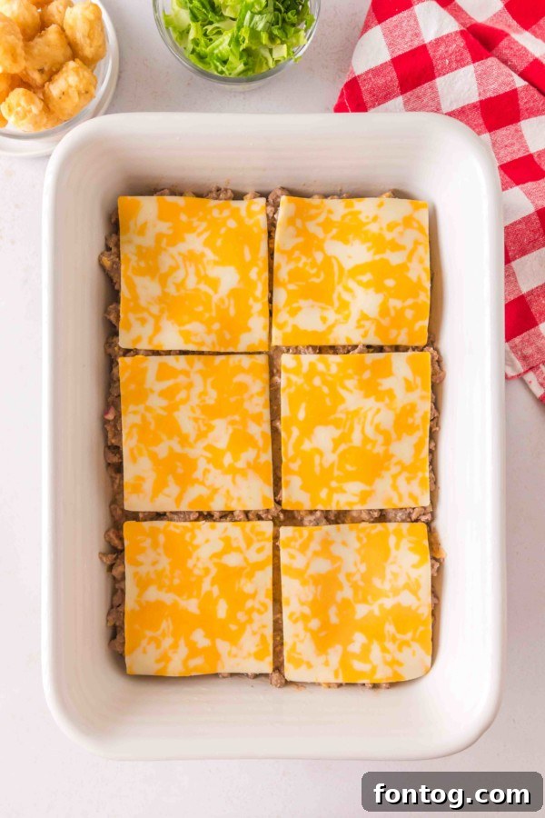 Overhead shot of Big Mac Tater Tot Casserole ingredients laid out for preparation, including ground beef and sauce.
